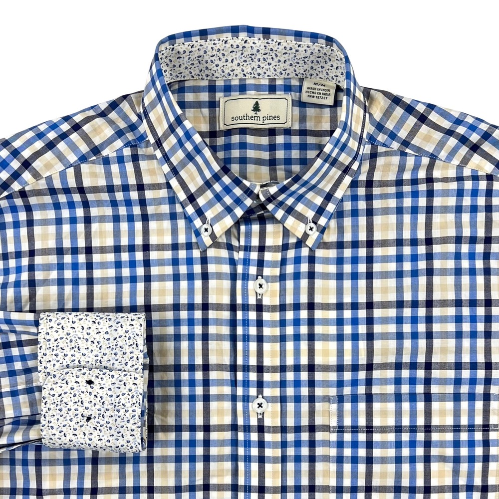 Southern Pines Long Sleeve Shirt Men's MEDIUM Plaid Button Down Floral Flip Cuff